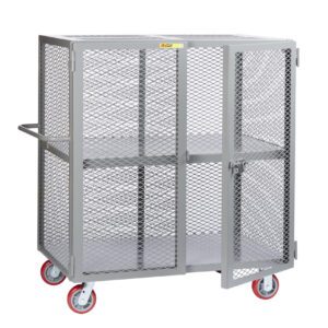 The Little Giant Heavy-Duty Mobile Storage Locker with Handle showcases a sleek metal mesh design, featuring two shelves and double doors. It has a gray finish, rear handle, and four red wheels for easy movement.