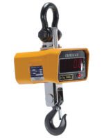 The Vestil Crane Scale with 2000 lb capacity, dimensions of 8 x 7.625 inches, shows 0.0 on its LED screen and features a hook and shackle. A side label details its specs.