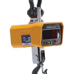 The Vestil Crane Scale with 2000 lb capacity, dimensions of 8 x 7.625 inches, shows 0.0 on its LED screen and features a hook and shackle. A side label details its specs.