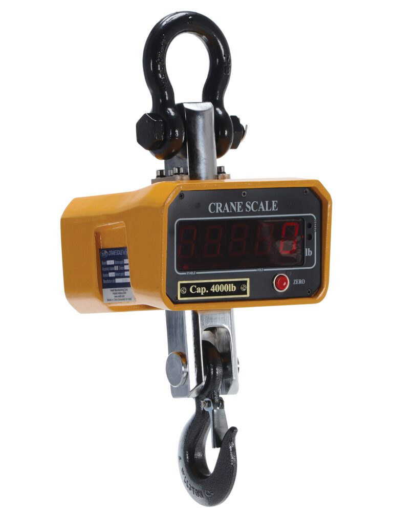 The Vestil Crane Scale, offering a 4000 lb capacity, boasts a vibrant orange design and an easy-to-read digital screen. It features CRANE SCALE, includes a red button, and has an 8 x 7.625 metal shackle for reliable heavy-lifting tasks.