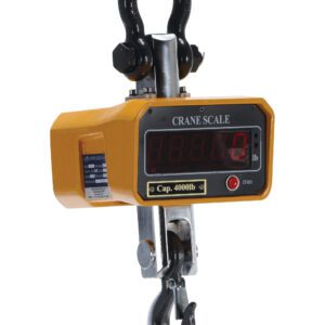 The Vestil Crane Scale, offering a 4000 lb capacity, boasts a vibrant orange design and an easy-to-read digital screen. It features CRANE SCALE, includes a red button, and has an 8 x 7.625 metal shackle for reliable heavy-lifting tasks.