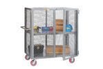 The Little Giant Heavy-Duty Mobile Storage Locker with Handle features three shelves, red wheels, and secure doors. It holds a yellow helmet, black tool, blue hard hat, and boxes. This sturdy cart ensures safe storage on the go.