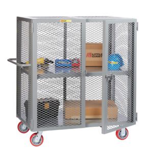 The Little Giant Heavy-Duty Mobile Storage Locker with Handle features three shelves, red wheels, and secure doors. It holds a yellow helmet, black tool, blue hard hat, and boxes. This sturdy cart ensures safe storage on the go.