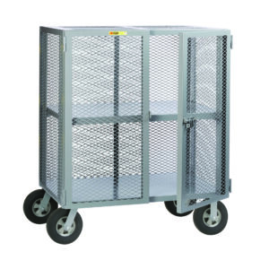 The Little Giant Job Site Security Box is a metallic gray mobile utility cart with wire mesh sides, two shelves, a locking door, and four large rubber wheels for secure storage and easy transport of your items.