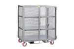 The Little Giant Forkliftable Mobile Storage Locker features a metal wire mesh construction, four red-wheeled casters, two shelves, and a hinged lockable door for secure transport and storage, ensuring efficiency and safety in any environment.