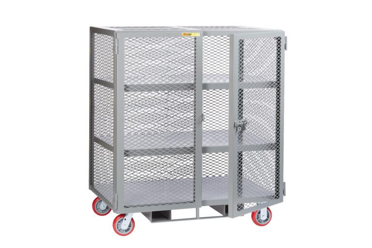 SC2-3048-6PYFP.jpg The Little Giant Forkliftable Mobile Storage Locker features a metal wire mesh construction, four red-wheeled casters, two shelves, and a hinged lockable door for secure transport and storage, ensuring efficiency and safety in any environment.