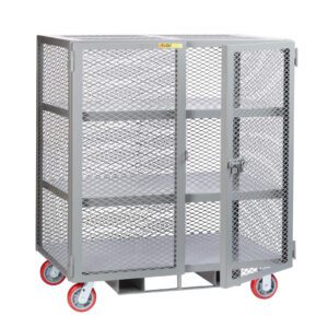 The Little Giant Forkliftable Mobile Storage Locker features a metal wire mesh construction, four red-wheeled casters, two shelves, and a hinged lockable door for secure transport and storage, ensuring efficiency and safety in any environment.