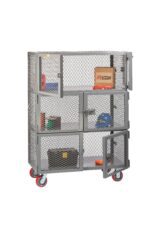 The Little Giant 3 Compartment Storage Locker is a tall, metal mesh cart with red wheels and multiple shelves, featuring swing doors; some reveal a cardboard box, a blue helmet, and assorted tools.