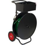 The MH-USA SC51 - Economy Strapping Cart boasts a sleek industrial look with two red wheels, a handle, a circular drum for securely holding green hose, and a top rectangular storage box for enhanced workspace organization and efficiency.