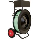 The MH-USA SC52 Heavy-Duty Strapping Cart features a black wheeled design, a large green spool for strapping material, a distinctive red wheel on one side, and a top storage box, making the centrally mounted strap ready for dispensing.