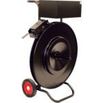 The MH-USA SC56 Specialty Strapping Cart is a black dispenser with a large spool and two red wheels for easy mobility. It features a sturdy handle and a rectangular storage box on top, making it perfect for efficiently dispensing steel strapping material.