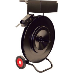 The MH-USA SC56 Specialty Strapping Cart is a black dispenser with a large spool and two red wheels for easy mobility. It features a sturdy handle and a rectangular storage box on top, making it perfect for efficiently dispensing steel strapping material.