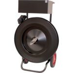 Discover the MH-USA SC61 -Deluxe Heavy-Duty Strapping Cart featuring a robust central wheel on a solid frame, a top strap compartment, and red wheels for easy movement—perfect for any serious strapping task.