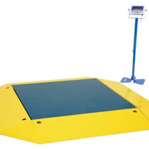 The Vestil Low Profile Scale 10000 Capacity has a durable yellow and blue weighing platform with a textured surface, angled perimeter for precision, and a tall blue digital display stand on the right.