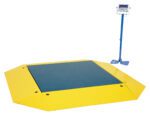 The Vestil Low Profile Scale 20000 Capacity features a striking yellow industrial design and blue platform, with a digital display on a right-side blue stand. It provides precise measurements for heavy-duty tasks with its 20,000 lb capacity.