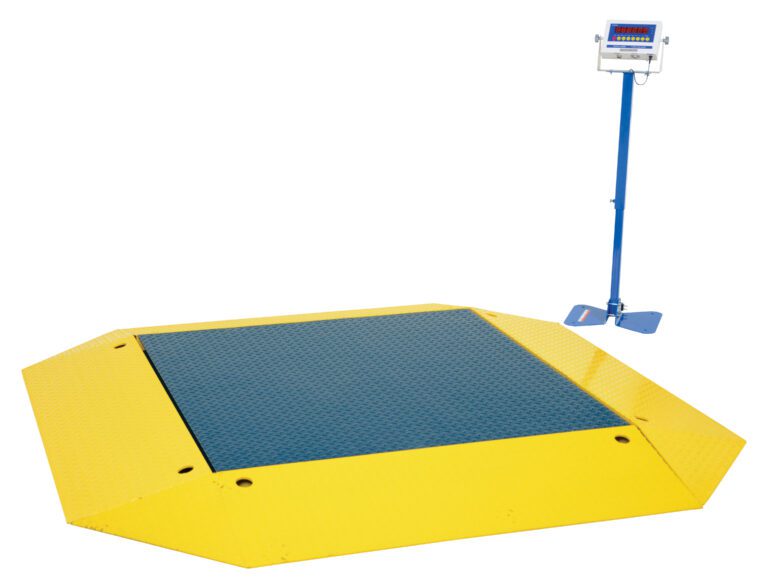 The Vestil Low Profile Scale 20000 Capacity features a striking yellow industrial design and blue platform, with a digital display on a right-side blue stand. It provides precise measurements for heavy-duty tasks with its 20,000 lb capacity.