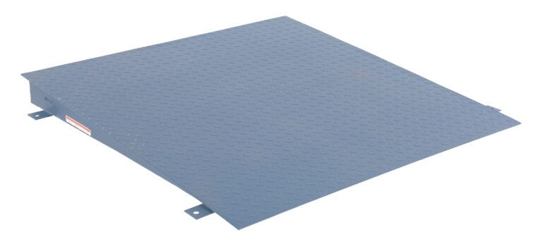 The Vestil Ramp Scale Option - 48 X 48 X 3.5 is a blue, diamond-patterned metal platform or ramp with a flat, textured surface and two small brackets on its sides, viewed from a slight angle.