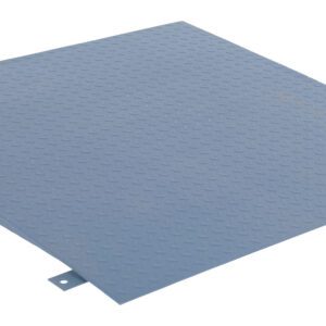 The Vestil Ramp Scale Option - 48 X 48 X 3.5 is a blue, diamond-patterned metal platform or ramp with a flat, textured surface and two small brackets on its sides, viewed from a slight angle.