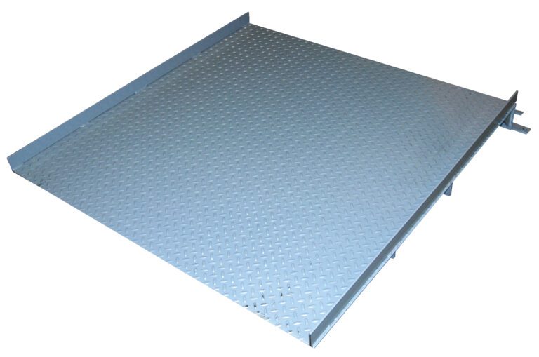 The Vestil Ramp Scale Option - 48 X 60 X 3.5 is a large, rectangular metal platform with diamond plate texture and raised edges, set against a plain white background.