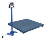 The Vestil Digital Floor Scale 10K Ntep 48X48X4.5 has a durable blue weighing surface and stand with an electronic display. Featuring clear numbers and an easy-connect power cable, this industrial platform scale offers precise measurements.