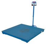The Vestil Digital Floor Scale 5K Ntep 48X48X4.5 features a blue industrial design ideal for weighing heavy objects, with a textured surface and logo. Its digital display on a pole shows bright red numbers for easy readability.