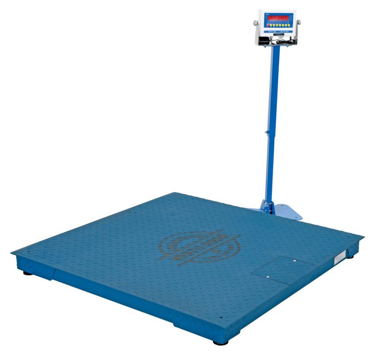 The Vestil Digital Floor Scale 5K Ntep 48X48X4.5 features a blue industrial design ideal for weighing heavy objects, with a textured surface and logo. Its digital display on a pole shows bright red numbers for easy readability.
