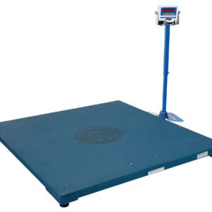 The Vestil Digital Floor Scale 10K NTEP 60X60X4.5 has a large blue industrial platform with a diamond-patterned surface and displays accurate weights on a digital screen mounted on a tall stand, ensuring precise industrial weighing.