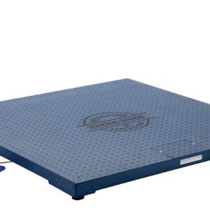 The Vestil Digital Floor Scale 5K Ntep 60X60X4.5 has a metallic textured platform (60x60x4.5 inches) with an elevated digital display on a blue stand showing red digits. Ideal for heavy objects or pallets, this NTEP certified scale is perfectly designed for your weighing needs.