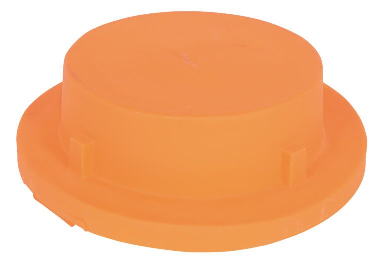 The Vestil Drum Containment Cover - Orange is an orange, round plastic lid with a short, flat top and a slightly raised edge, featuring small side notches for secure attachment.
