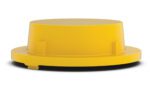 The Vestil Drum Containment Cover - Yellow is a round plastic cap with a flat top, two side protrusions, and a broad rim. Designed to fit snugly on containers, it rests against a white background with a subtle shadow beneath.