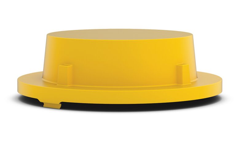 The Vestil Drum Containment Cover - Yellow is a round plastic cap with a flat top, two side protrusions, and a broad rim. Designed to fit snugly on containers, it rests against a white background with a subtle shadow beneath.