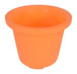 The Vestil Drum Containment Container in orange, resembling an orange plastic flower pot, has a wide, flared rim and smooth surface. It stands empty against a plain white background, showcasing its sleek simplicity.