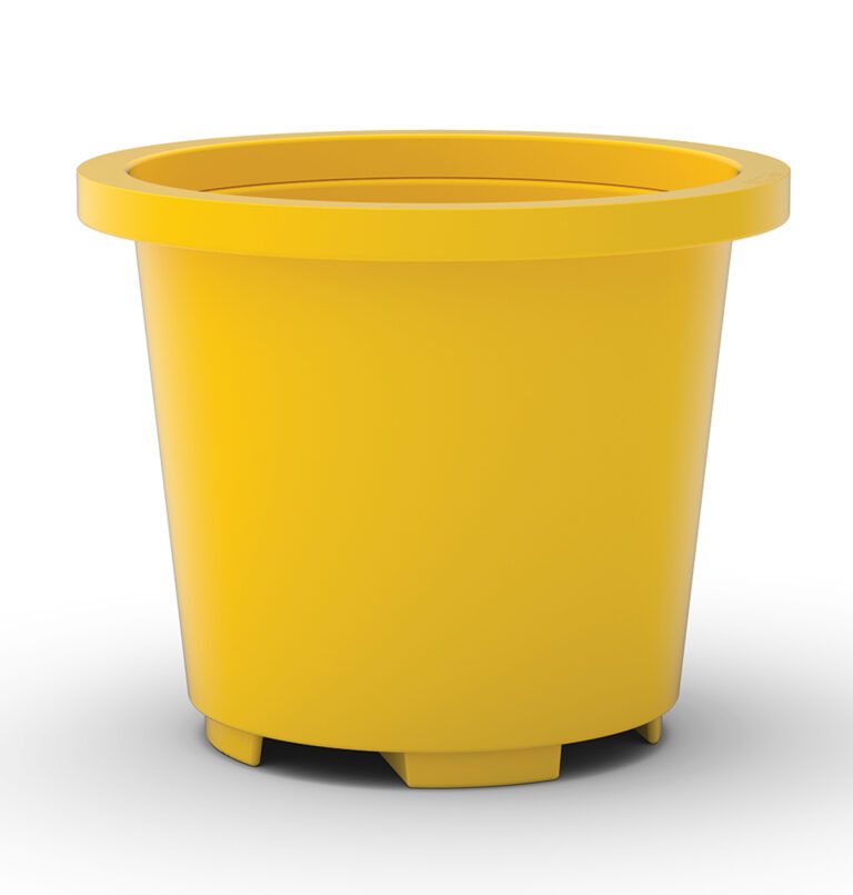 SCC-65-YL_A.jpg Resembling a Vestil Drum Containment Container - Yellow, this bright yellow flower pot has a smooth texture and cylindrical form with tapered sides. It features a wide rim on a solid base with small drainage notches, set against a simple white backdrop.
