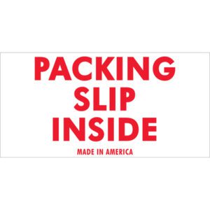 The MH-USA 2 x 4 - Packing Slip Inside Labels feature PACKING SLIP INSIDE in large red letters on a white background, with smaller MADE IN AMERICA below. Ideal for organization, these labels are available in rolls of 500 for seamless use.