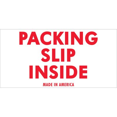 SCL250.jpg The MH-USA 2 x 4 - Packing Slip Inside Labels feature PACKING SLIP INSIDE in large red letters on a white background, with smaller MADE IN AMERICA below. Ideal for organization, these labels are available in rolls of 500 for seamless use.