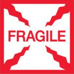 The image shows a red jagged border around FRAGILE in bold red letters on white, similar to MH-USA 4 x 4 - Fragile Labels (500/Roll).