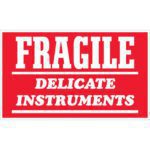 The MH-USA 3 x 5 labels with bold text FRAGILE and DELICATE INSTRUMENTS below are red and white, perfectly sized for easy identification, available in a roll of 500.