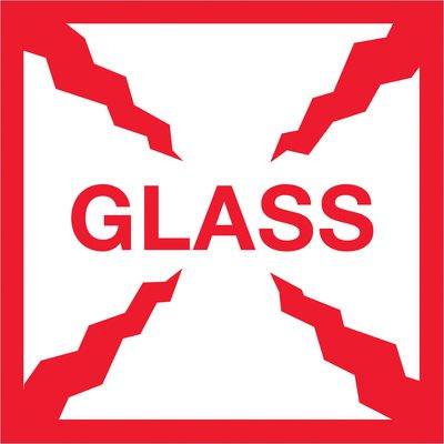 SCL506.jpg A red abstract border with jagged edges frames GLASS in bold red on white, ideal for using MH-USA 4 x 4 - Glass Labels (500/Roll) to ensure delicate items are handled carefully.