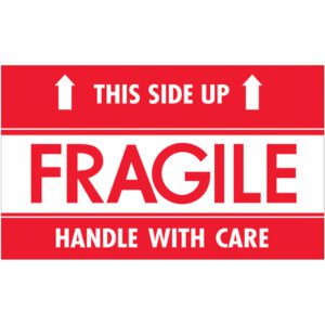 Red and white sign with upward arrows reads THIS SIDE UP at the top, FRAGILE center, and HANDLE WITH CARE below. Matches MH-USA 3 x 5 - Fragile - This Side Up - HWC Labels (500/Roll).