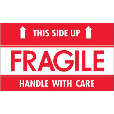 SCL521.jpg Red and white sign with upward arrows reads THIS SIDE UP at the top, FRAGILE center, and HANDLE WITH CARE below. Matches MH-USA 3 x 5 - Fragile - This Side Up - HWC Labels (500/Roll).