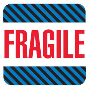 The labels feature bold red FRAGILE text on a white background, framed with blue and black diagonal stripes, similar to MH-USAs 4 x 4 Fragile Labels (500/Roll) for a professional appearance.