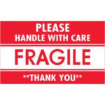 The MH-USA 3 x 5 Fragile - Handle With Care labels, printed on a red rectangle with white text stating PLEASE HANDLE WITH CARE FRAGILE THANK YOU, come in rolls of 500 to keep you well-stocked.