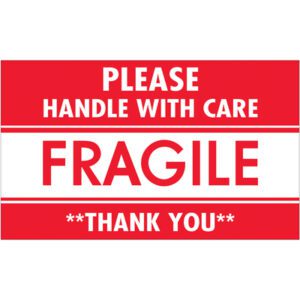 The MH-USA 3 x 5 Fragile - Handle With Care labels, printed on a red rectangle with white text stating PLEASE HANDLE WITH CARE FRAGILE THANK YOU, come in rolls of 500 to keep you well-stocked.