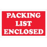 The MH-USA 3 x 5 labels, featuring bold white text on a red rectangle with PACKING LIST ENCLOSED, are conveniently packaged in rolls of 500 for efficient shipping.