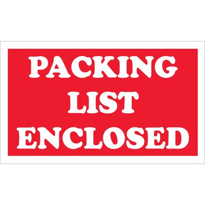SCL538.jpg The MH-USA 3 x 5 labels, featuring bold white text on a red rectangle with PACKING LIST ENCLOSED, are conveniently packaged in rolls of 500 for efficient shipping.