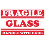 The MH-USA 3 x 5 labels feature Fragile - Glass - Handle With Care in bold red and white text, with each roll containing 500 labels for transport safety.