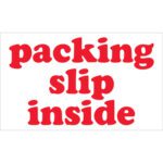 The image showcases bold red text packing slip inside against a crisp white background, similar to the MH-USA 3 x 5 - Packing Slip Inside Labels (500/Roll).