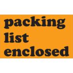 Bold black text on a vibrant fluorescent orange background reads Packing List Enclosed, similar to MH-USA 3 x 5 labels with 500 per roll.
