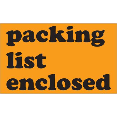 SCL561.jpg Bold black text on a vibrant fluorescent orange background reads Packing List Enclosed, similar to MH-USA 3 x 5 labels with 500 per roll.