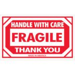 The MH-USA 3 x 5 labels feature bold red and white text: HANDLE WITH CARE, FRAGILE, and THANK YOU, with MADE IN AMERICA in small print, adding a professional touch to your packaging (500 labels per roll).